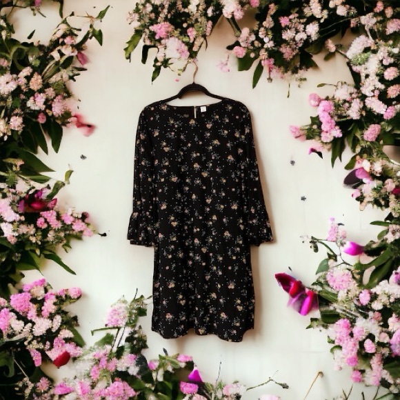 Old Navy Black Dress w/Pink & Yellow Floral Print & Tiny White Dots - Picture 3 of 15
